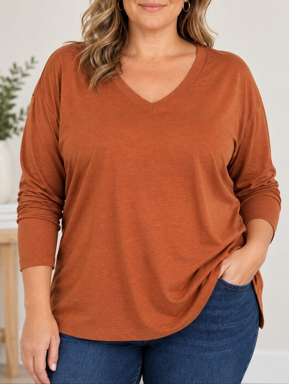NWT Natural Reflections Everyday V-Neck Long Sleeve Tee 3X Baked Clay